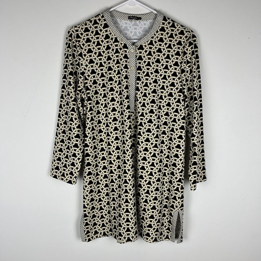 J. Maclaughlin Womens Tunic Top Brown Gold Large Chain Link Print 3/4 Sl…​